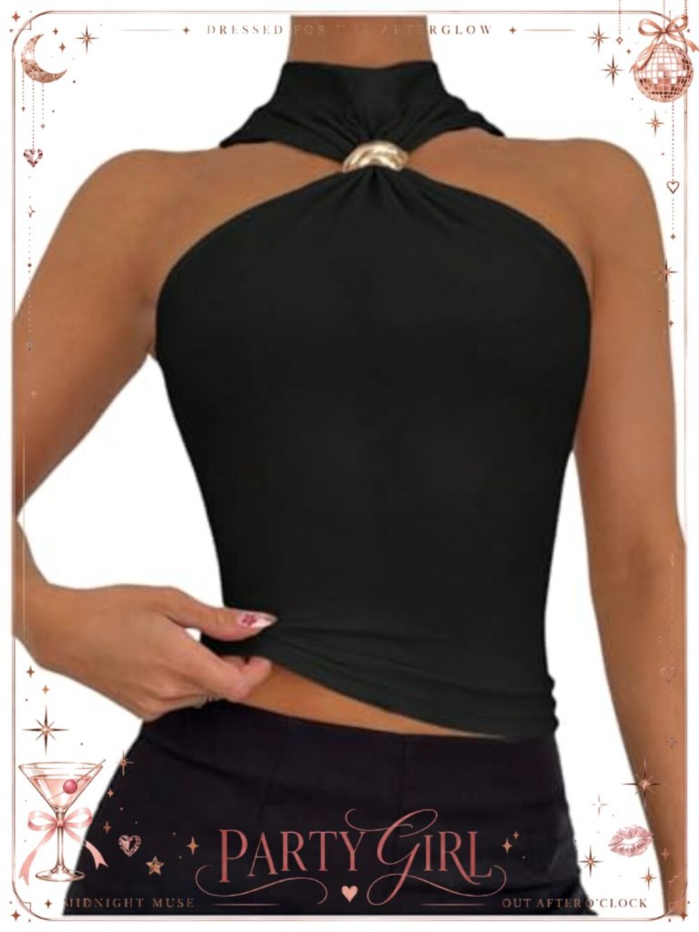 Sleeveless Halter Ruched Crop Top with Metal Decor